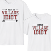 premium softstyle t-shirt bundle with the phrases 'I'm with the villlage idiot' and 'I'm the village idiot' funny spring break, beach vacations, lake days, girls trip, guys trip, matching couples designs