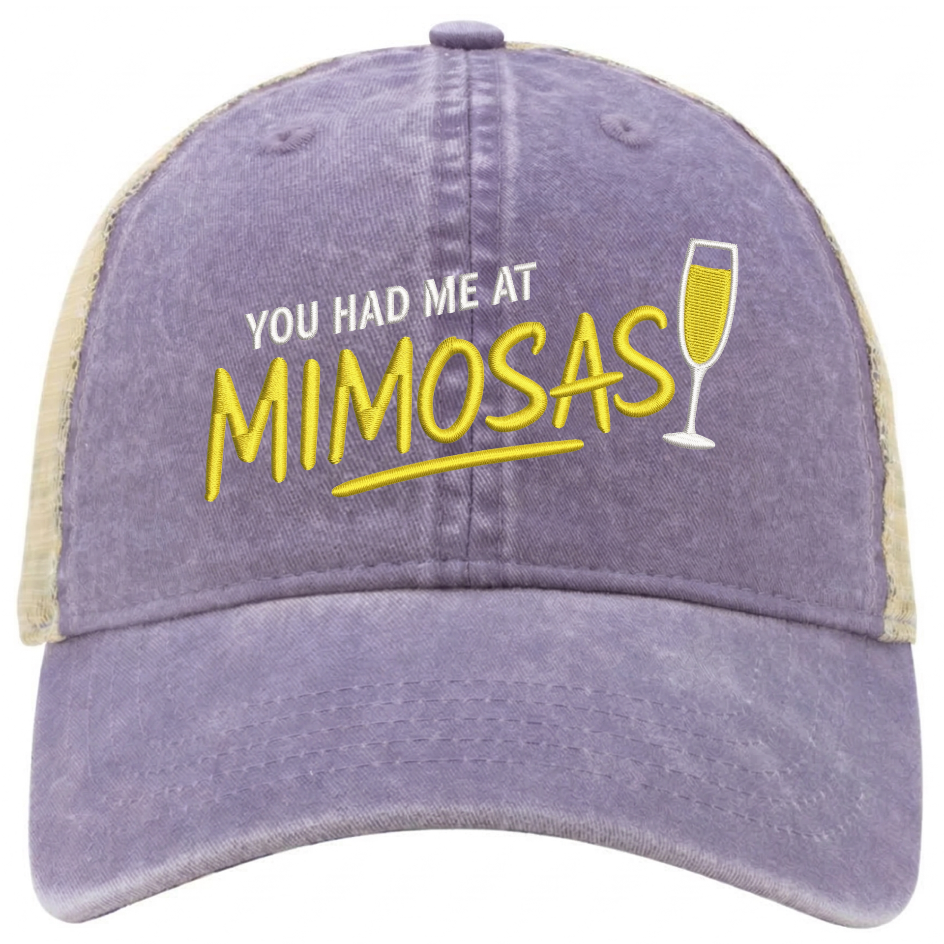 a violet and khaki ponytail trucker hat with 'You Had Me at Mimosas' text funny spring break, summer vacation, beach trip, lake season, girls trip or bachelorette had