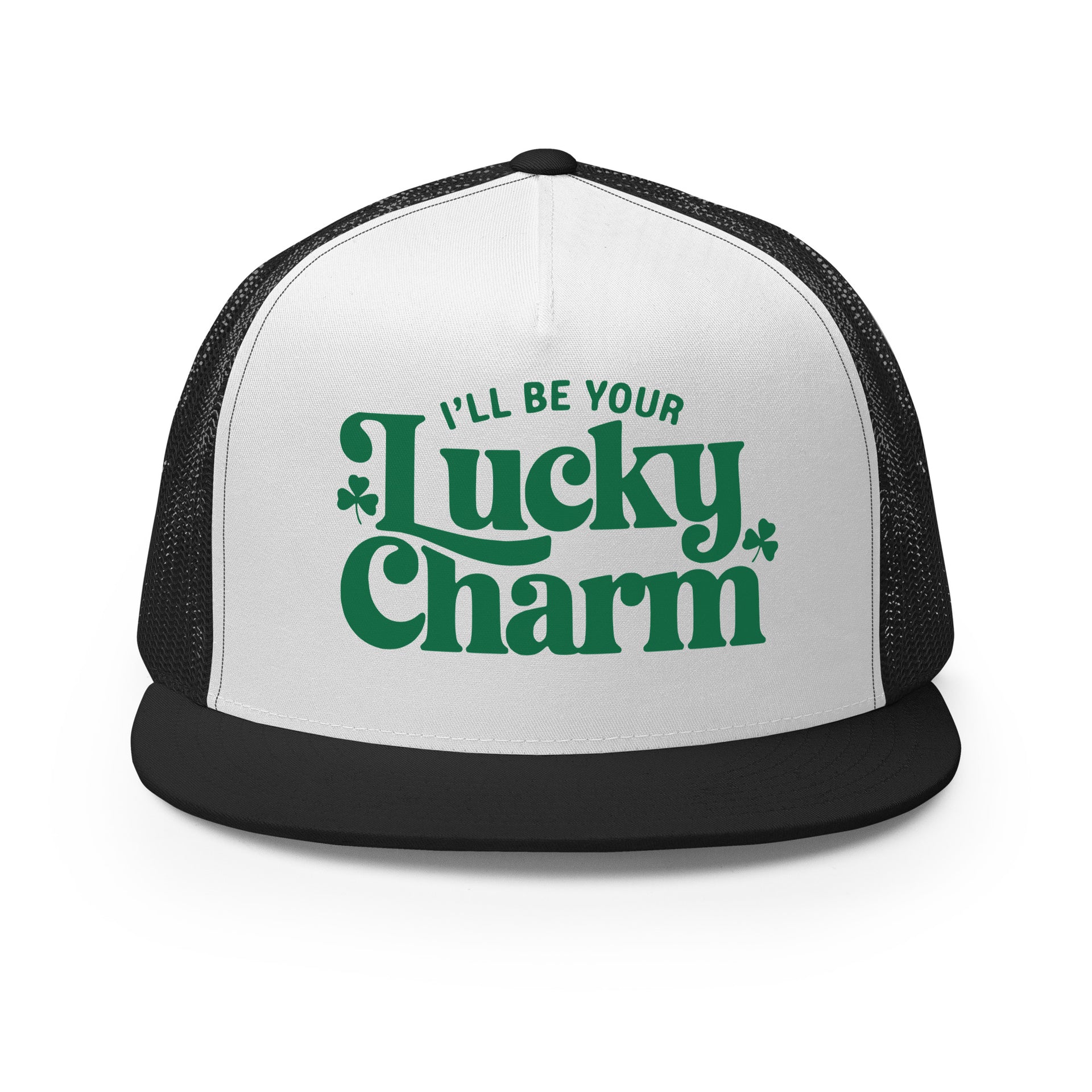 white and black St Patricks Day flat bill trucker hat with the Phrase “ill be your lucky charm” 
