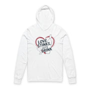 a white featherweight hoodie with the phrase "Love Stinks Let's Drink" surrounded by a sketched valentine's heart and a wine glass and wine bottle