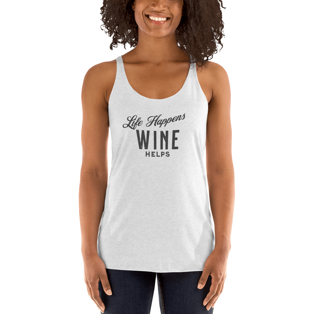 Life Happens Wine Helps Tank | Funny Women's ApparelDiscover our Life Happens Wine Helps racerback tank for women. Perfect blend of humor and comfort with a soft, lightweight design. Shop now!