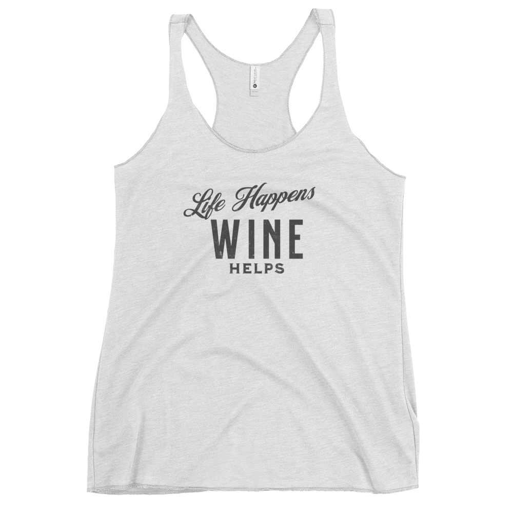 Life Happens Wine Helps Tank | Funny Women's ApparelDiscover our Life Happens Wine Helps racerback tank for women. Perfect blend of humor and comfort with a soft, lightweight design. Shop now!