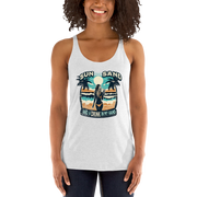 Beach scene on 'Sun, Sand, and a Drink in My Hand' racerback tank, with woman holding cocktail.