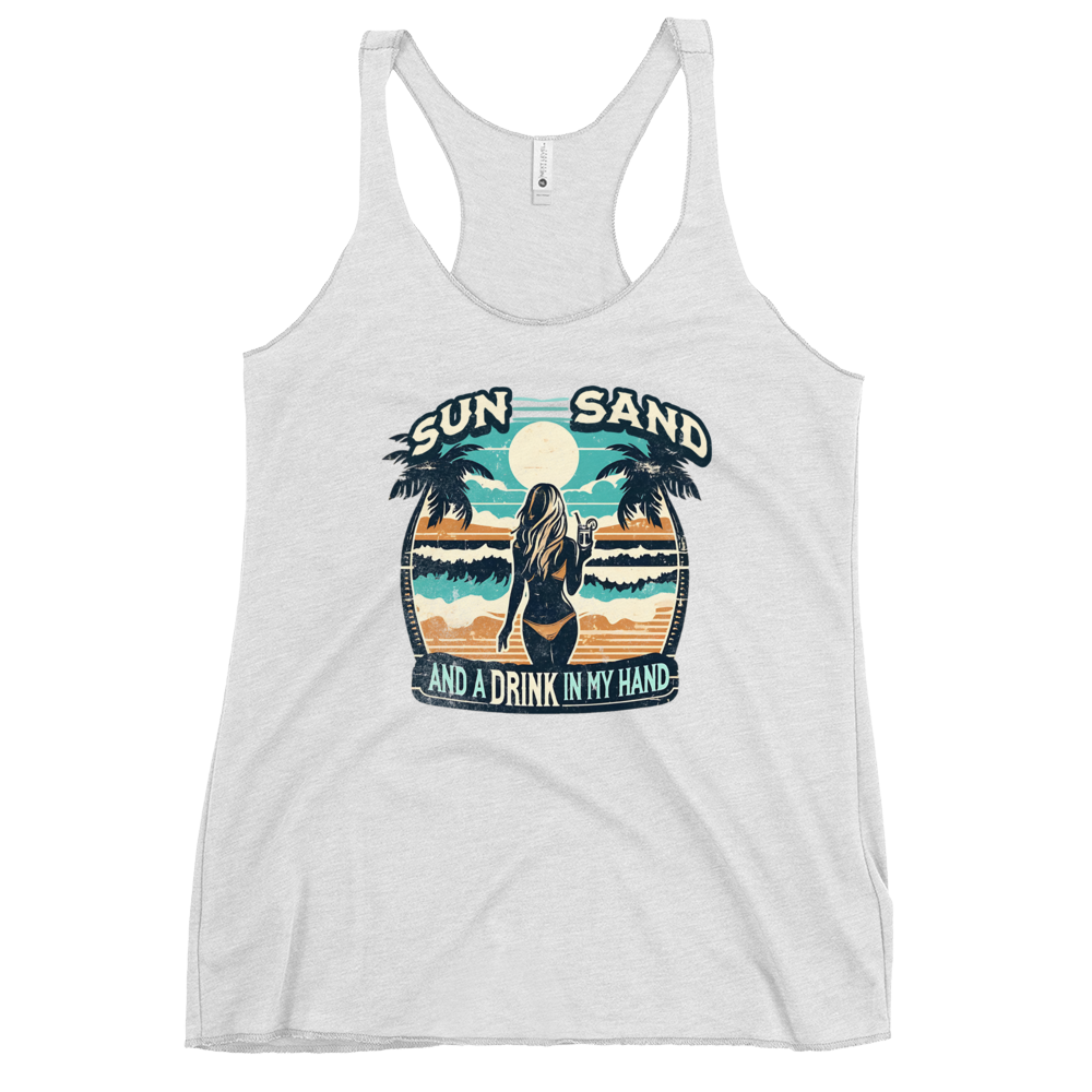 Beach scene on 'Sun, Sand, and a Drink in My Hand' racerback tank, with woman holding cocktail.