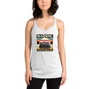 Racerback tank featuring "Warning: The Girls Are Drinking Again" with an illustration of girls drinking on a pontoon boat at sunset.