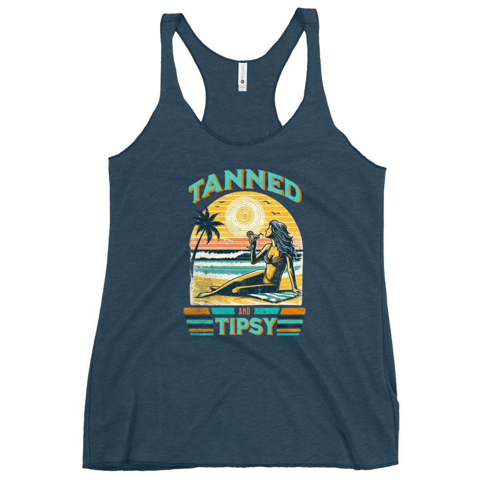 Retro 'Tanned and Tipsy' racerback tank with a woman enjoying a sunset cocktail on the beach, ideal for summer beach parties and day drinking.