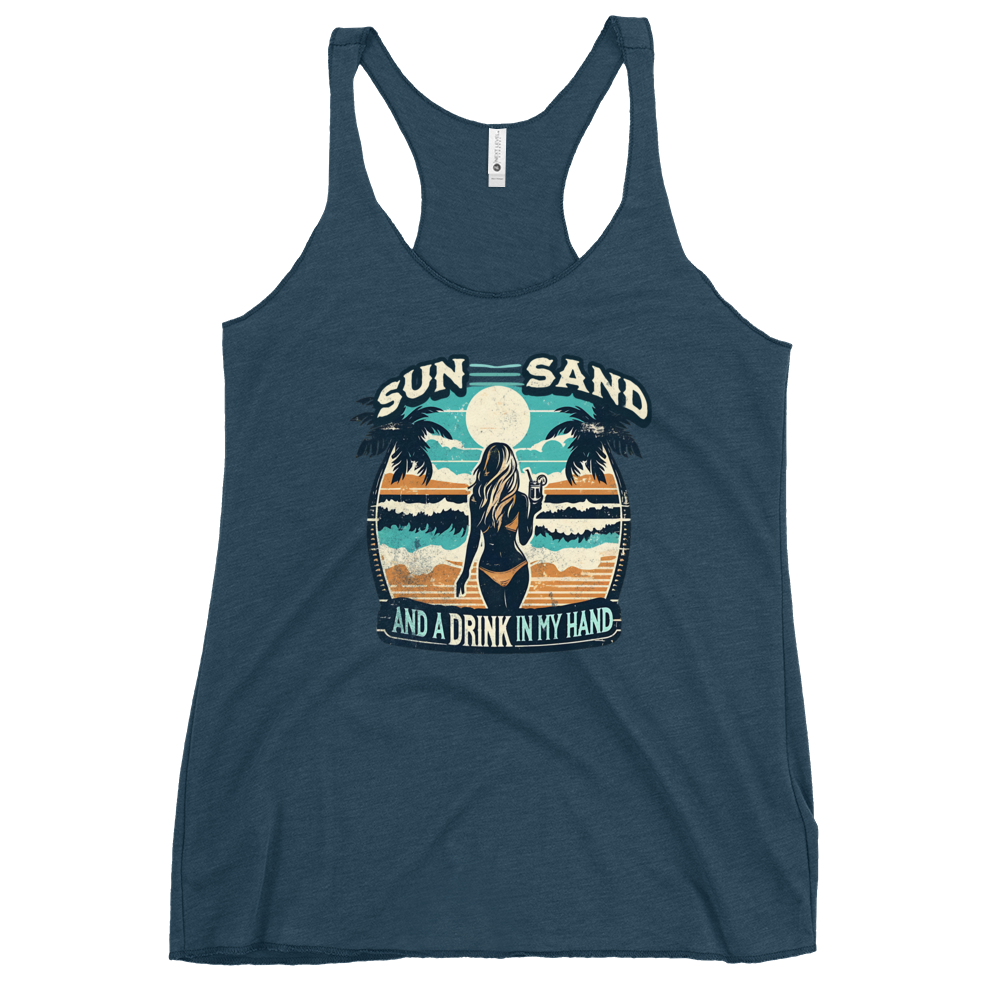 Beach scene on 'Sun, Sand, and a Drink in My Hand' racerback tank, with woman holding cocktail.