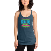 Women's racerback tank with "Weekend Forecast: Boating with a Chance of Drinking" in bright colors on the front.