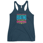 Women's racerback tank with "Weekend Forecast: Boating with a Chance of Drinking" in bright colors on the front.