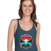 Racerback tank with "Friends Don't Let Friends Drink Alone at the Lake," featuring a lake and sunset design.