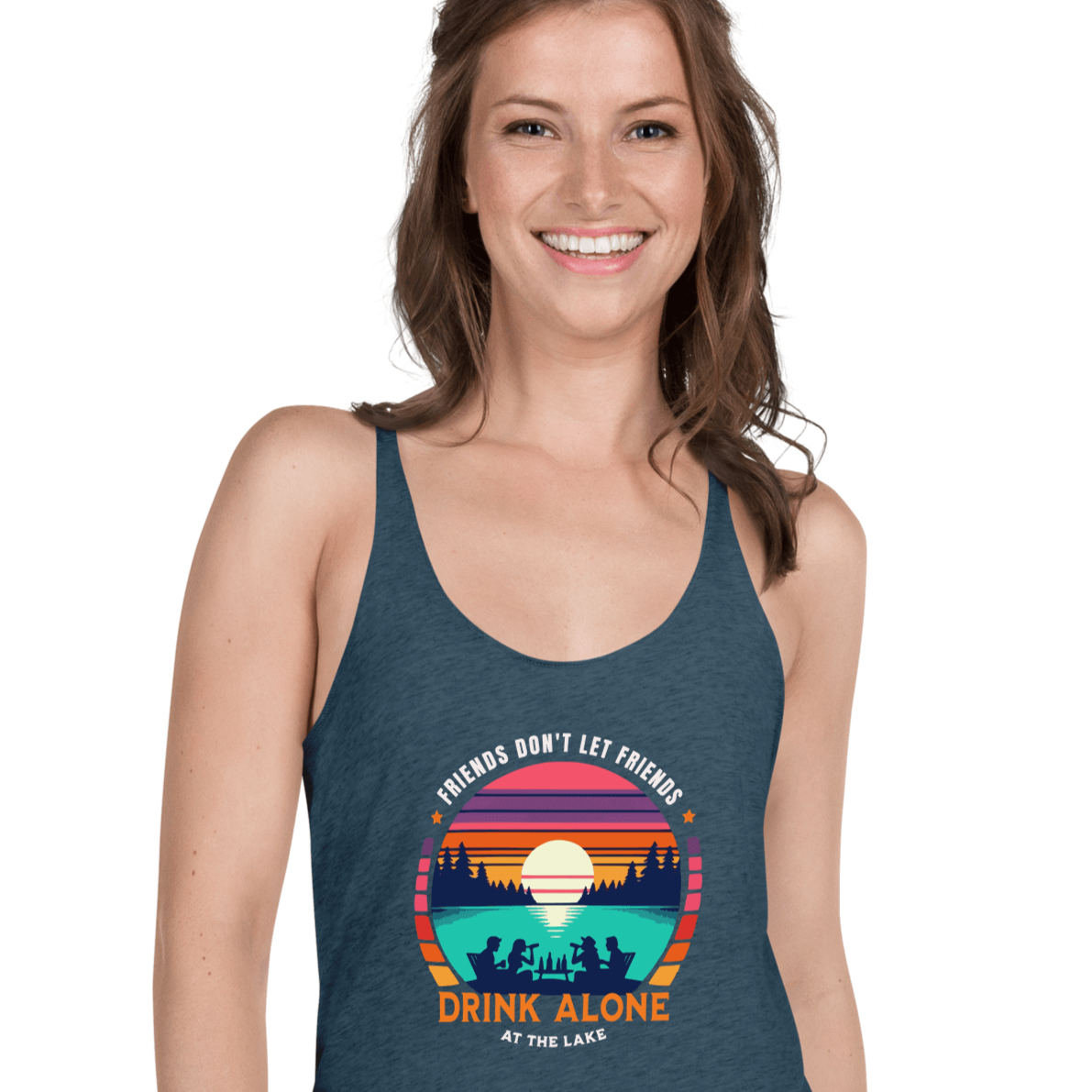 Racerback tank with "Friends Don't Let Friends Drink Alone at the Lake," featuring a lake and sunset design.