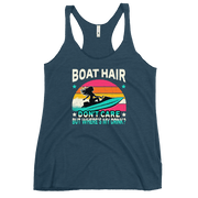 Racerback tank with "Boar Hair Don't Care, But Where's My Drink?" featuring a woman on a jet ski against a sunset.