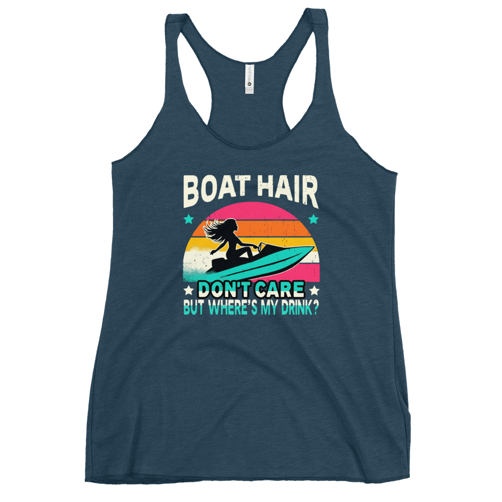 Racerback tank with "Boar Hair Don't Care, But Where's My Drink?" featuring a woman on a jet ski against a sunset.