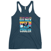 Racerback tank displaying "The Only Six-Pack I'm Working On Is In The Cooler" with a man in a beach chair and a beer.