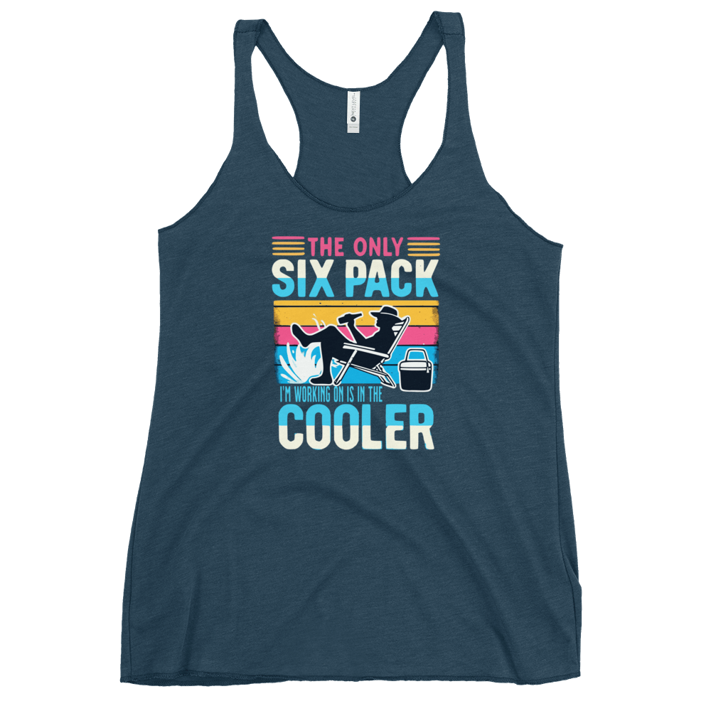 Racerback tank displaying "The Only Six-Pack I'm Working On Is In The Cooler" with a man in a beach chair and a beer.