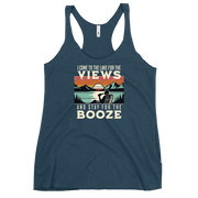 Racerback tank with "I Come to the Lake for the Views and Stay for the Booze," featuring a man in a beach chair, lake, and sunset.