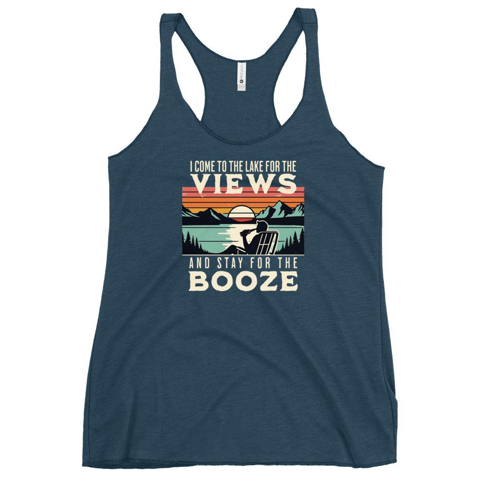 Racerback tank with "I Come to the Lake for the Views and Stay for the Booze," featuring a man in a beach chair, lake, and sunset.