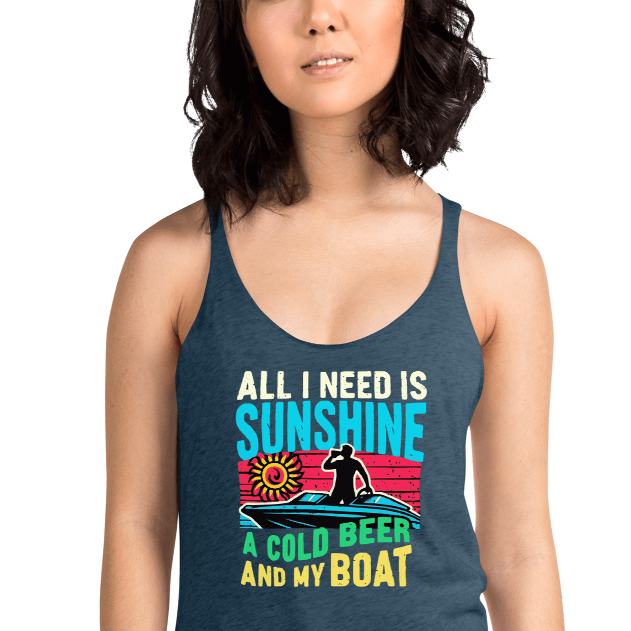 Racerback tank featuring "All I Need Is Sunshine, a Cold Beer, and My Boat," with a man in a boat and a retro sunset.