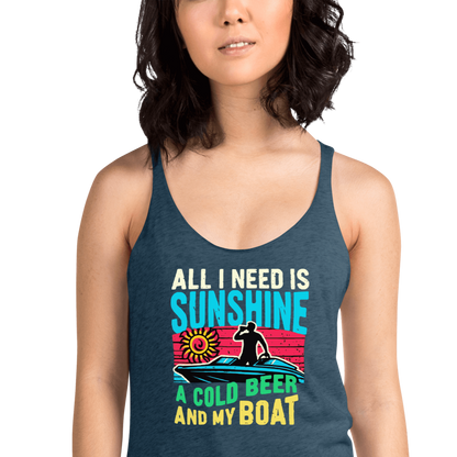 Racerback tank featuring "All I Need Is Sunshine, a Cold Beer, and My Boat," with a man in a boat and a retro sunset.