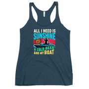 Racerback tank featuring "All I Need Is Sunshine, a Cold Beer, and My Boat," with a man in a boat and a retro sunset.