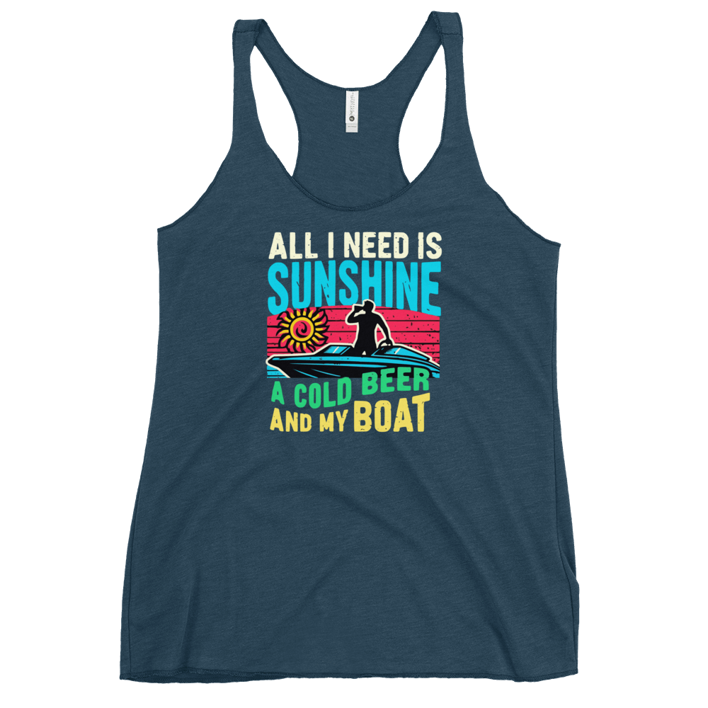 Racerback tank featuring "All I Need Is Sunshine, a Cold Beer, and My Boat," with a man in a boat and a retro sunset.