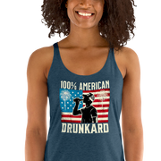 Racerback tank with '100% American Drunkard' text, man drinking a bottle of beer wearing a trucker hat, and distressed American flag background for the 4th of July