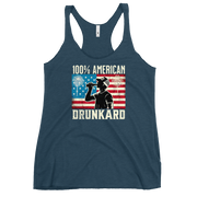 Racerback tank with '100% American Drunkard' text, man drinking a bottle of beer wearing a trucker hat, and distressed American flag background for the 4th of July