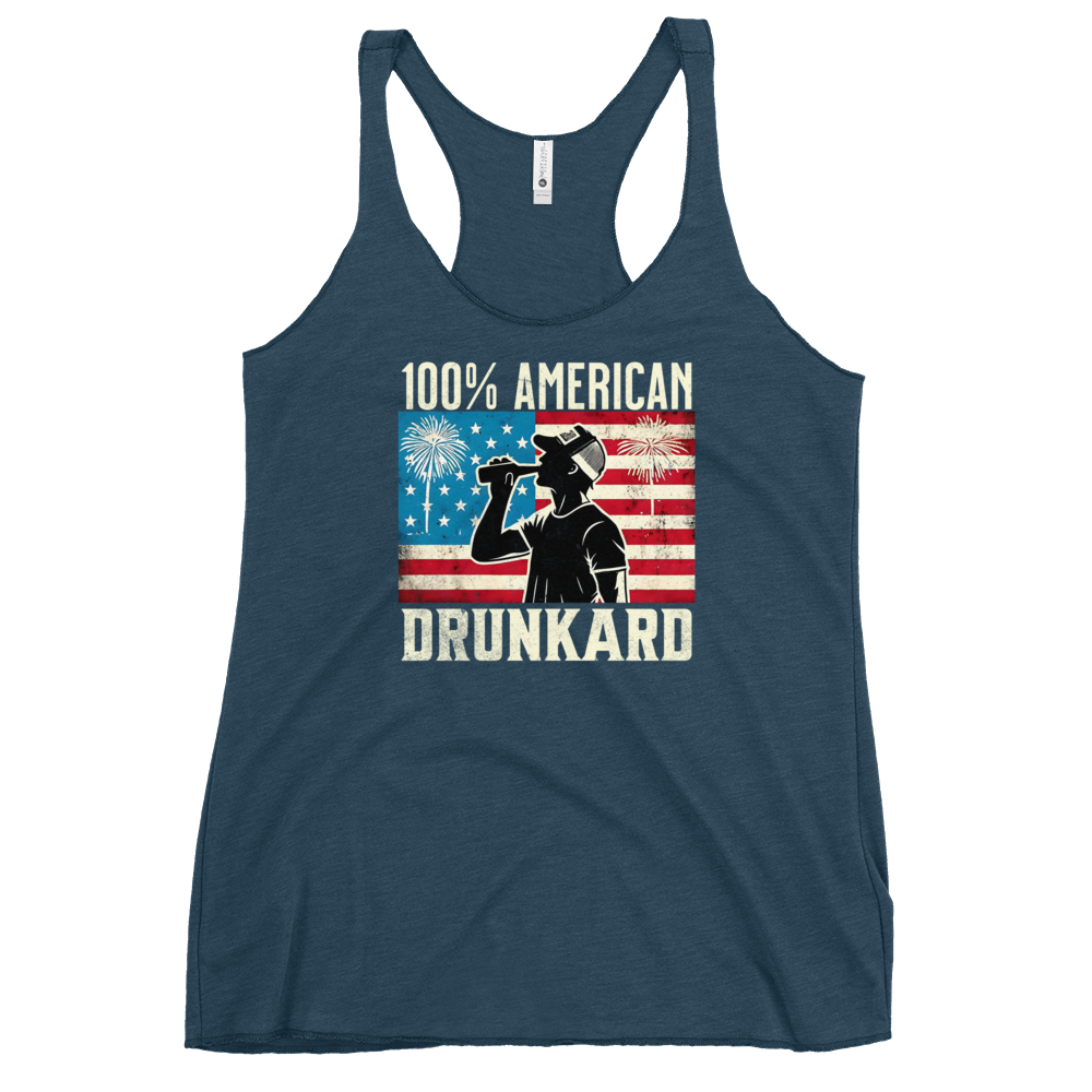 Racerback tank with '100% American Drunkard' text, man drinking a bottle of beer wearing a trucker hat, and distressed American flag background for the 4th of July