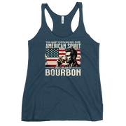 Racerback tank with 'This Shirt Contains 100% American Spirit and a Splash of Bourbon' text, man drinking a glass of bourbon, and distressed American flag background