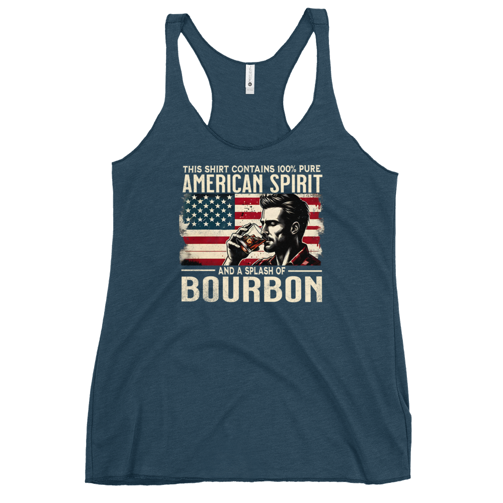 Racerback tank with 'This Shirt Contains 100% American Spirit and a Splash of Bourbon' text, man drinking a glass of bourbon, and distressed American flag background