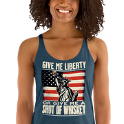 'Give Me Liberty or Give Me Whiskey' text, Statue of Liberty holding a shot glass, and distressed American flag background