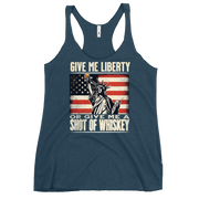 'Give Me Liberty or Give Me Whiskey' text, Statue of Liberty holding a shot glass, and distressed American flag background