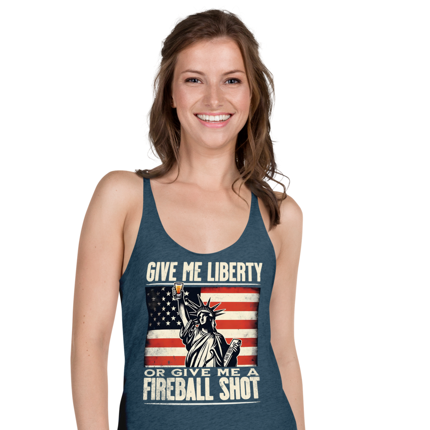 Racerback tank with Give Me Liberty or Give Me a Fireball Shot text, Statue of Liberty holding a shot glass, and distressed American flag background. Perfect for 4th of July.