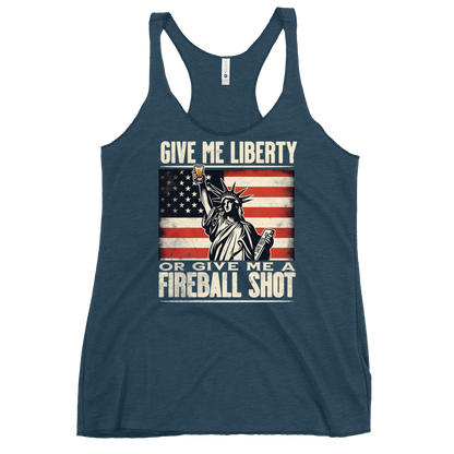 Racerback tank with Give Me Liberty or Give Me a Fireball Shot text, Statue of Liberty holding a shot glass, and distressed American flag background. Perfect for 4th of July.