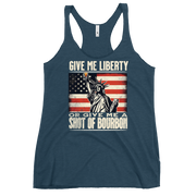 Racerback tank with Give Me Liberty or Give Me a Shot of Bourbon text, Statue of Liberty holding a shot glass, and distressed American flag background. Perfect for 4th of July.