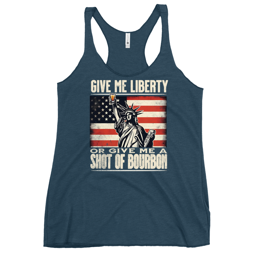 Racerback tank with Give Me Liberty or Give Me a Shot of Bourbon text, Statue of Liberty holding a shot glass, and distressed American flag background. Perfect for 4th of July.