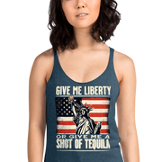 Racerback tank with Give Me Liberty or Give Me a Shot of Tequila text, Statue of Liberty holding a shot glass, and distressed American flag background. Perfect for 4th of July.