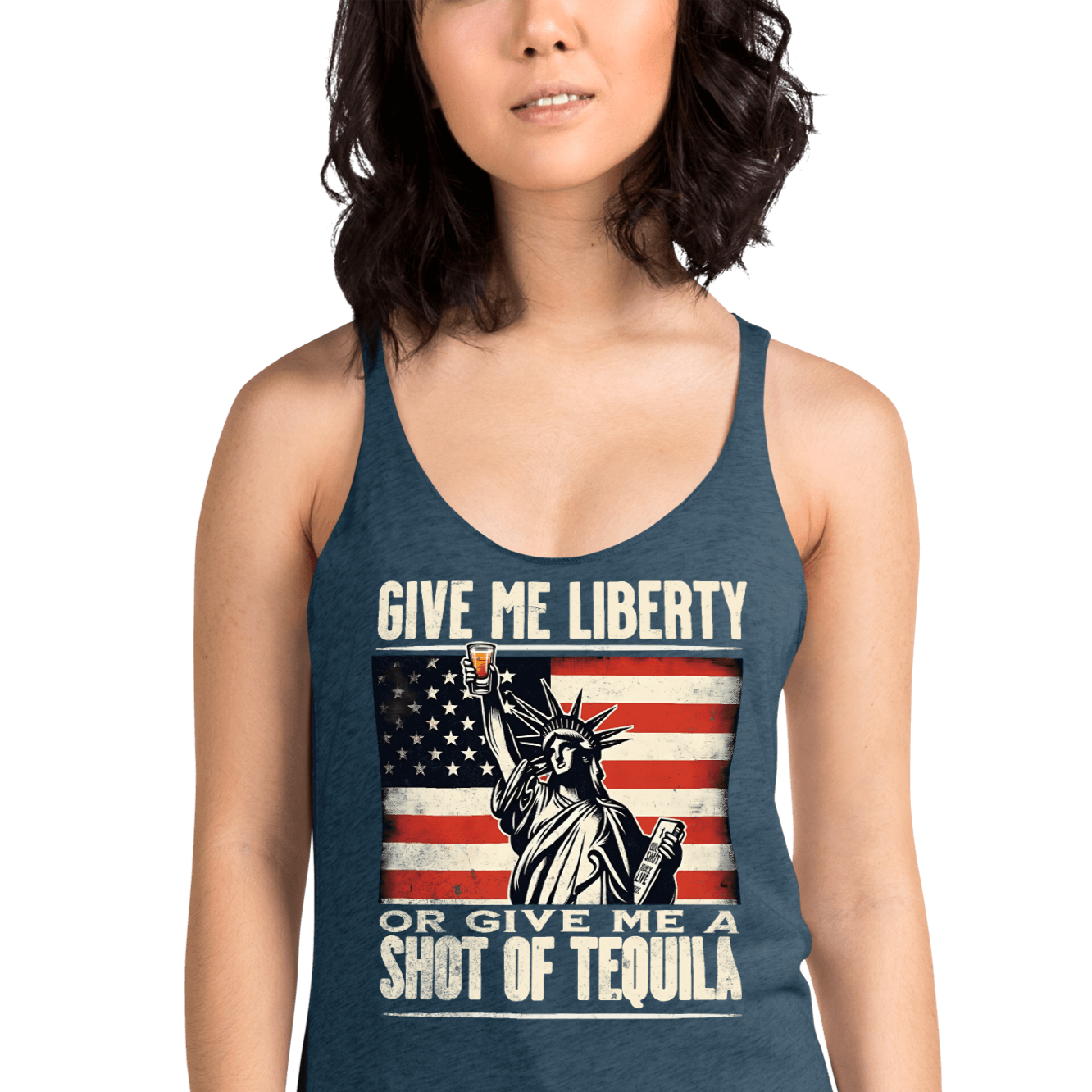 Racerback tank with Give Me Liberty or Give Me a Shot of Tequila text, Statue of Liberty holding a shot glass, and distressed American flag background. Perfect for 4th of July.