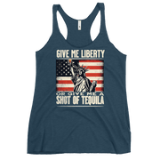 Racerback tank with Give Me Liberty or Give Me a Shot of Tequila text, Statue of Liberty holding a shot glass, and distressed American flag background. Perfect for 4th of July.