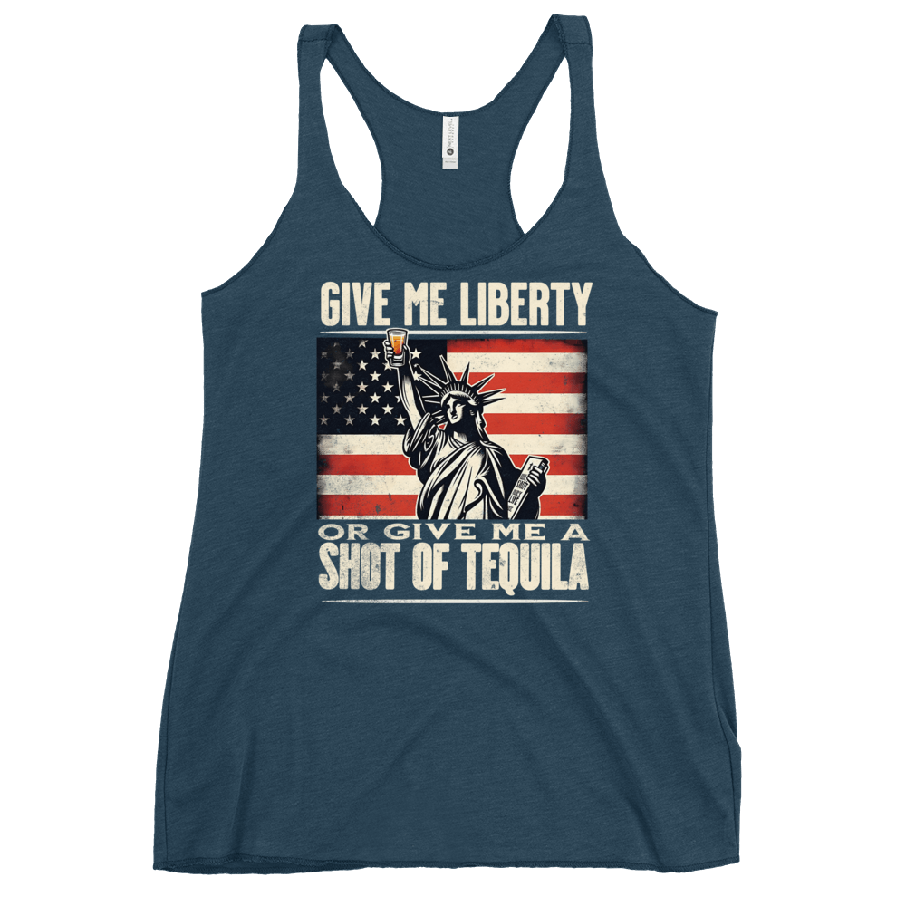 Racerback tank with Give Me Liberty or Give Me a Shot of Tequila text, Statue of Liberty holding a shot glass, and distressed American flag background. Perfect for 4th of July.