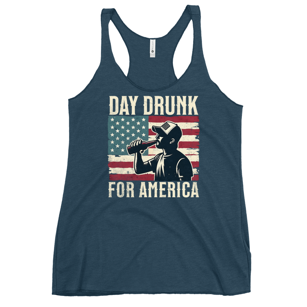 Racerback tank with Day Drunk for America text, silhouette of a man drinking a bottle of beer, and distressed American flag background. Perfect for 4th of July.