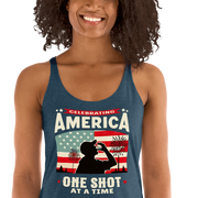 Racerback tank with Celebrating America One Shot at a Time text, silhouette of a man drinking a shot, and distressed American flag background. Perfect for 4th of July.