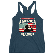 Racerback tank with Celebrating America One Shot at a Time text, silhouette of a man drinking a shot, and distressed American flag background. Perfect for 4th of July.