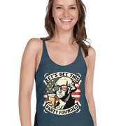 Racerback tank with Let's Get This Party Founded text, George Washington drinking a beer, and distressed American flag background. Perfect for 4th of July.