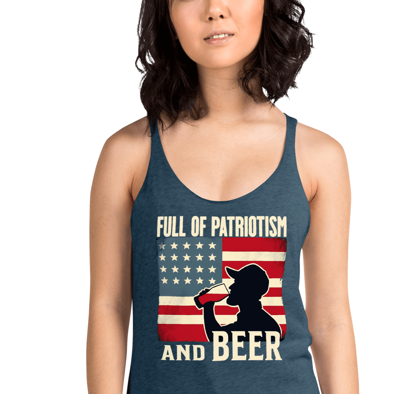 Racerback tank with Full of Patriotism and Beer text and a distressed American flag background. Perfect for 4th of July.