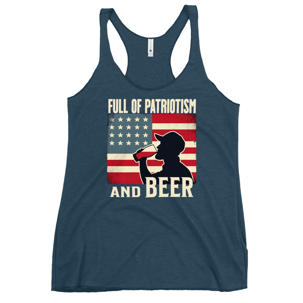 Racerback tank with Full of Patriotism and Beer text and a distressed American flag background. Perfect for 4th of July.