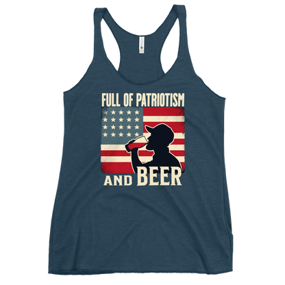 Racerback tank with Full of Patriotism and Beer text and a distressed American flag background. Perfect for 4th of July.