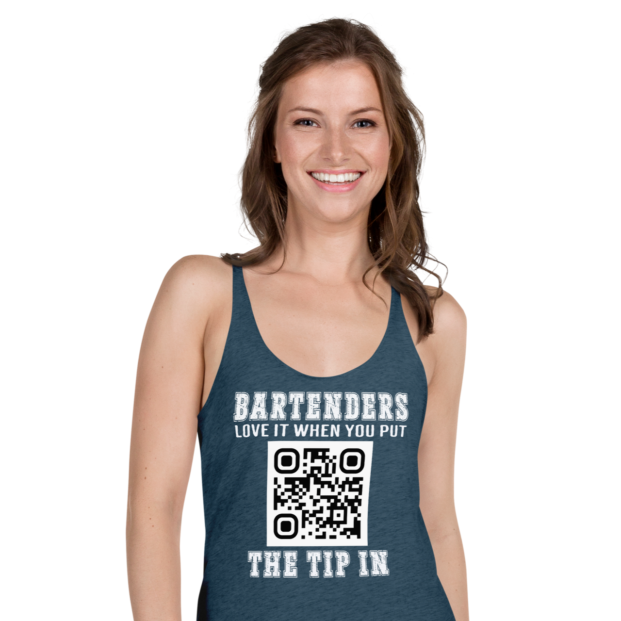 Customizable tank top for bartenders. Features a "Put the Tip In" phrase and a QR code for easy tipping. Ideal gift for bartenders.