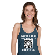 Customizable tank top for bartenders. Features a "Put the Tip In" phrase and a QR code for easy tipping. Ideal gift for bartenders.