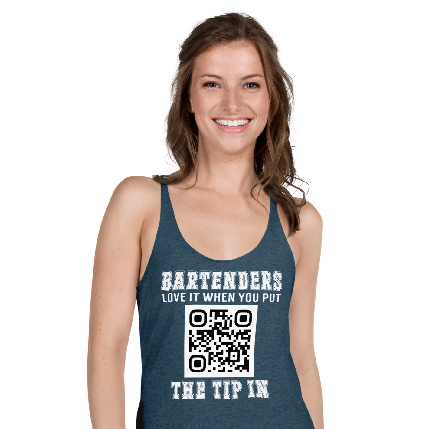 Customizable tank top for bartenders. Features a "Put the Tip In" phrase and a QR code for easy tipping. Ideal gift for bartenders.